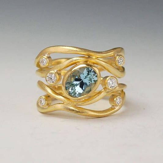 Vintage Layered Blue Glass Golden Ring