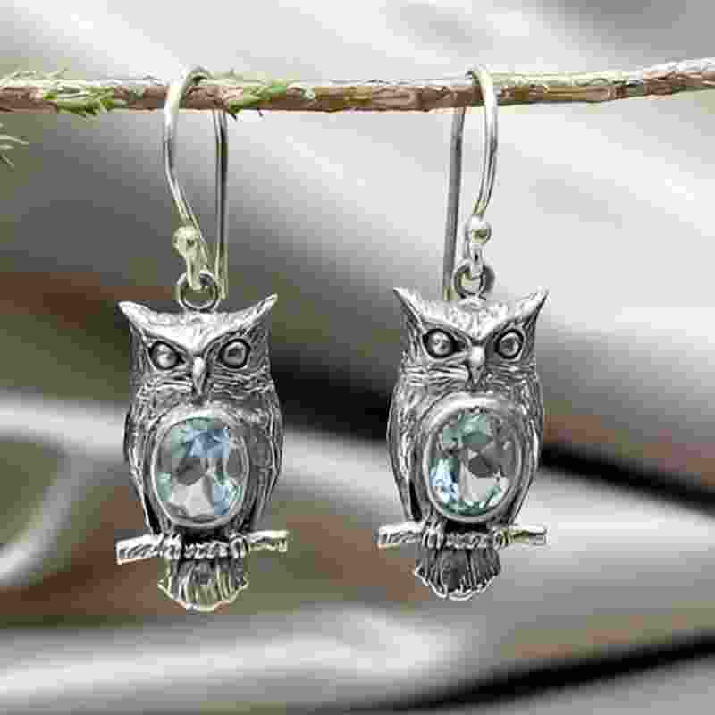 Vintage Silver Owl Blue Stone Earrings