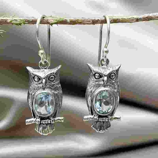 Vintage Silver Owl Blue Stone Earrings