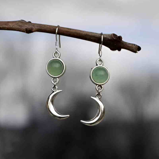 Silver Moon Green Stone Earrings