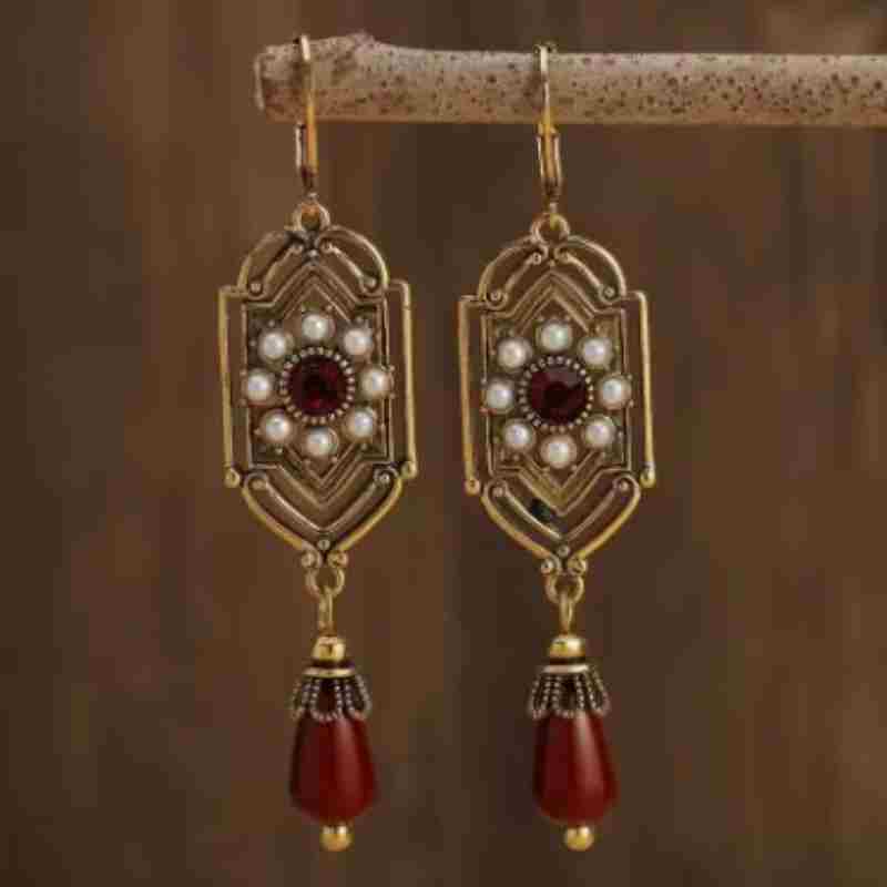 Vintage Gold Square Red Stone Earrings