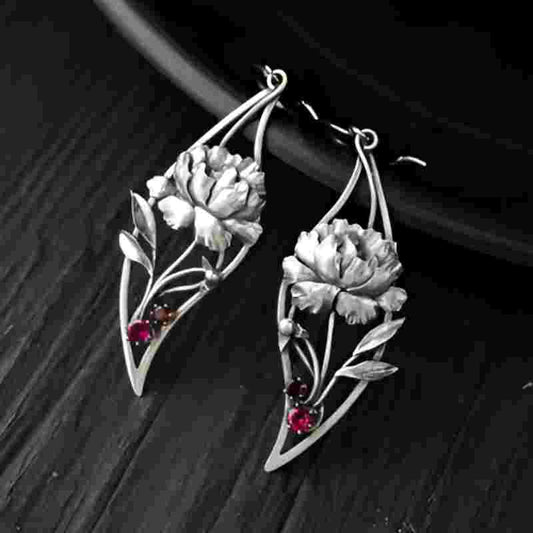 Vintage Metal Carved Flower Red Stone Earrings