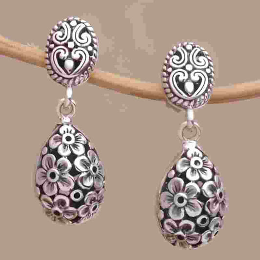 Silver Bohemian Carved Flower Earrings