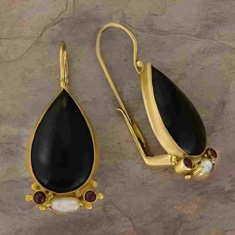 Gold Black Stone Dangle Earrings