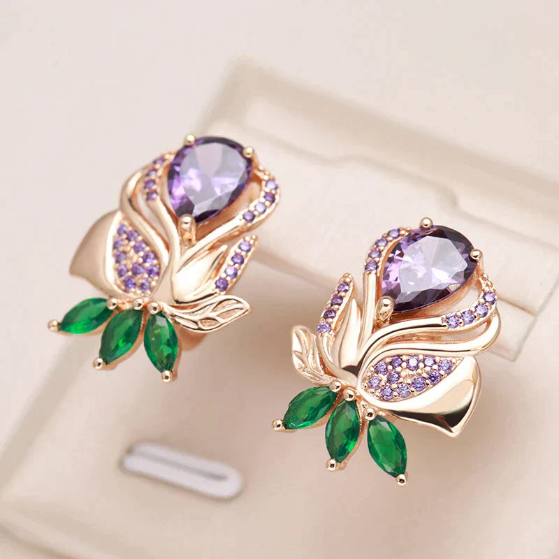 Elegant Purple Flower Earrings in Gold