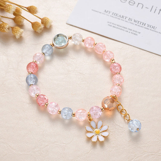 Rose and Blue Stones and Daisy Flower Bracelet in Gold