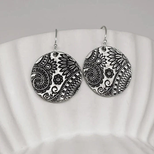 Vintage Rounded Mandala Silvered Earrings