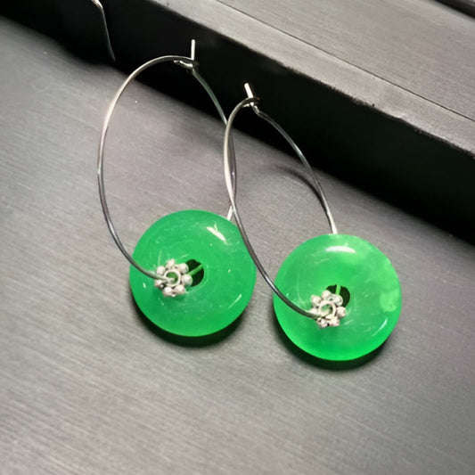Vintage Doughnut Green Jade Hoop Earrings