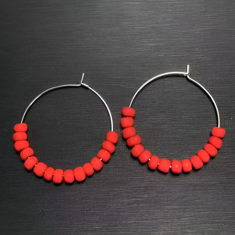 Vintage Red African Old Glass Hoop Earrings