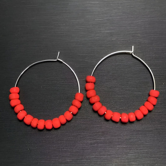 Vintage Red African Old Glass Hoop Earrings