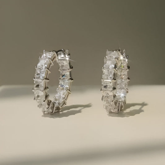 Silver Square Cubic Zirconia Hoop Earrings