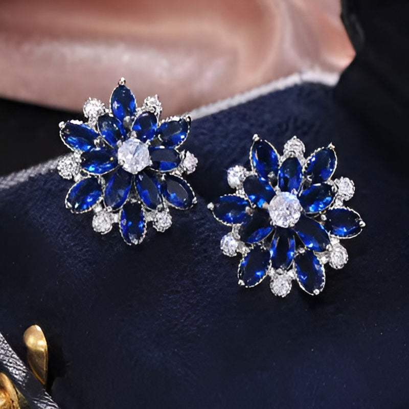Vintage Blue Eternity Zirconia Flower Earrings