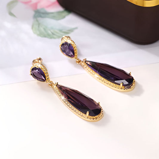 Gold Purple Water Drop Earrings