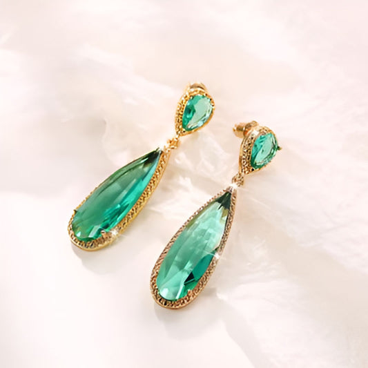 Gold Green Water Drop Earrings