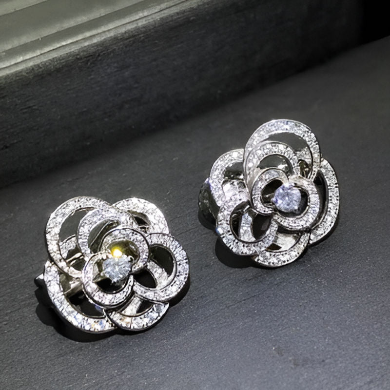 Silver Dazzling Flower Stud Earrings