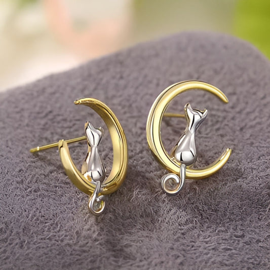 Gold Cat Sits On The Moon Earrings
