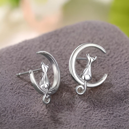 Silver Cat Sits On The Moon Earrings