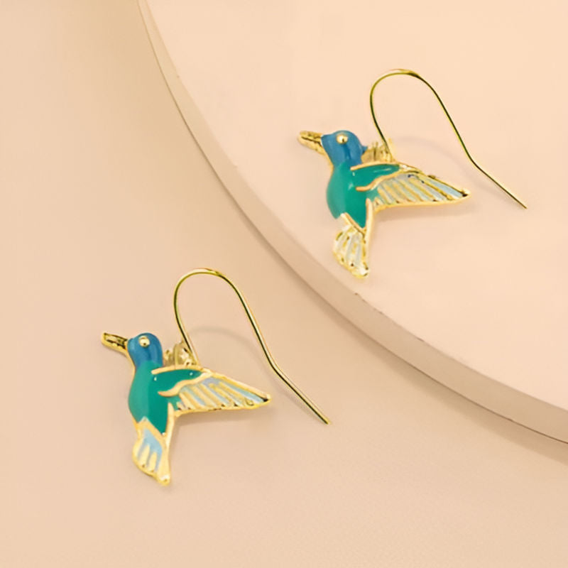 Gold Green Bird Dangle Earrings