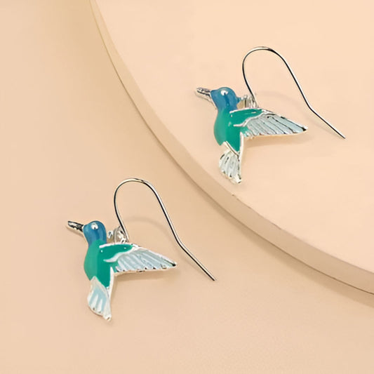 Silver Green Bird Dangle Earrings