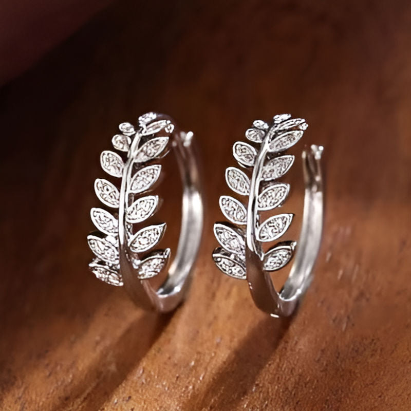 Silver Leaf Olive Hoop Earrings