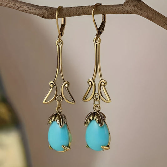 Gold Blue Flower Earrings