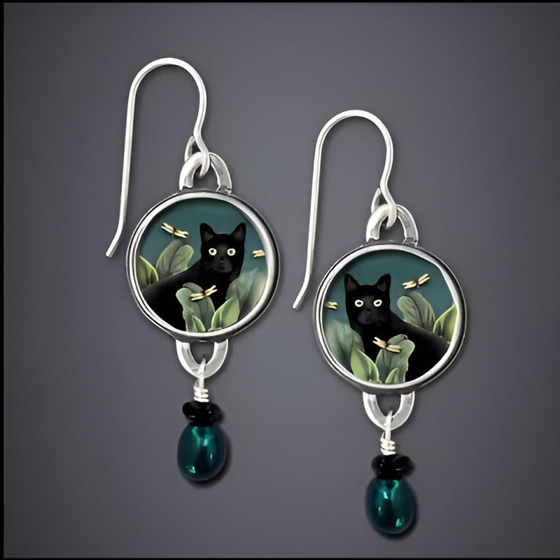 Vintage Black Cat Dangle Earrings