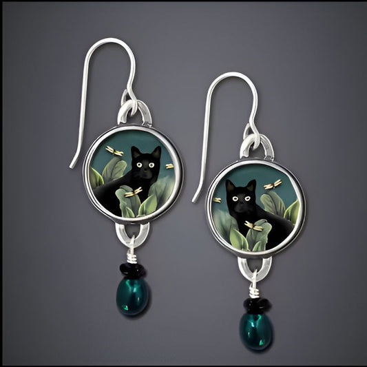 Vintage Black Cat Dangle Earrings
