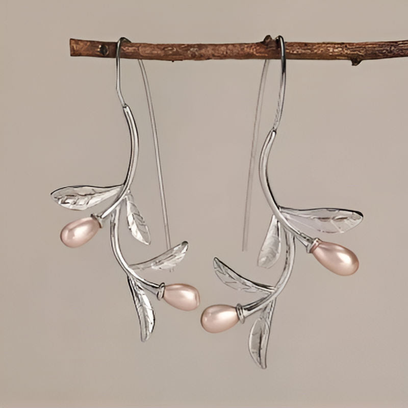 Vintage Silver Leaves Pearl Earrings