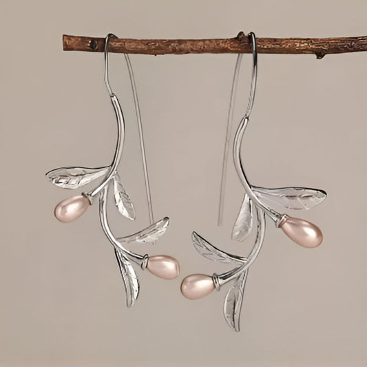 Vintage Silver Leaves Pearl Earrings