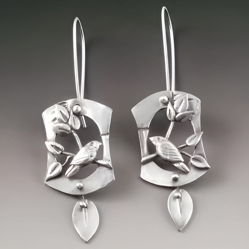 Vintage Silver Bird Leaf Flower Earrings