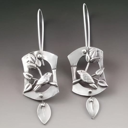 Vintage Silver Bird Leaf Flower Earrings