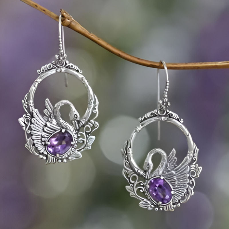 Silver Swan Purple Stone Earrings