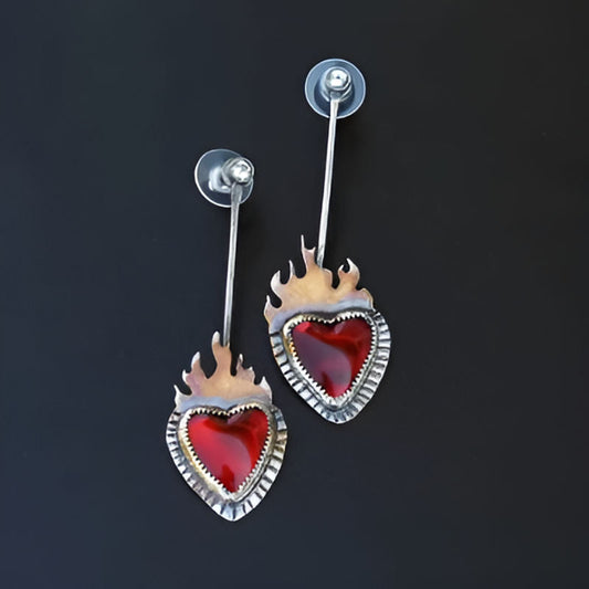 Vintage Silver Heart Red Stone Earrings
