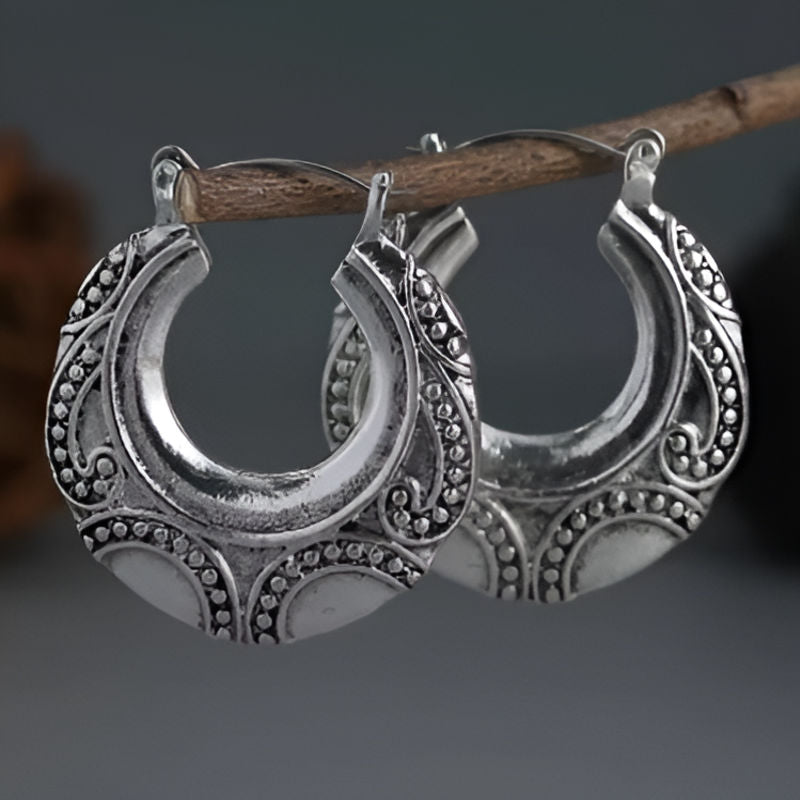 Vintage Round Silver Carved Earrings