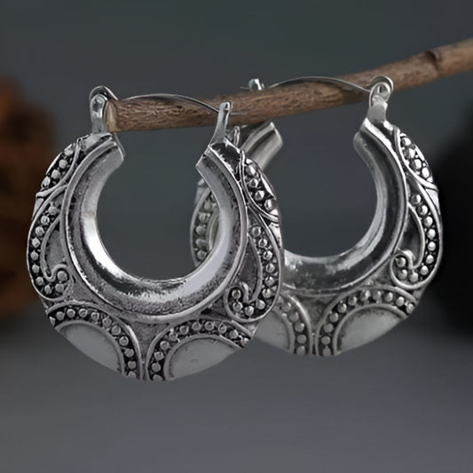 Vintage Round Silver Carved Earrings