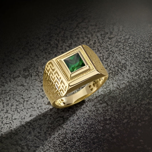 Gold Green Stone Square Ring