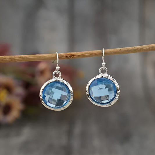 Silver Round Sea Blue Stone Earrings