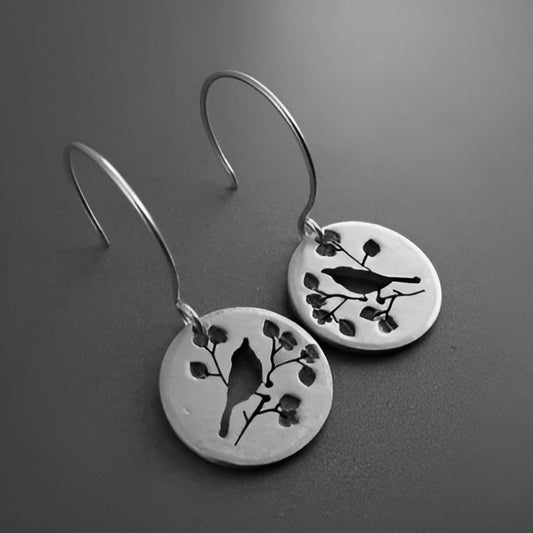 Silver Bird Round Earrings