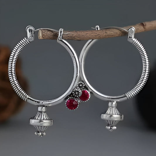 Silver Pink Stone Hoop Earrings
