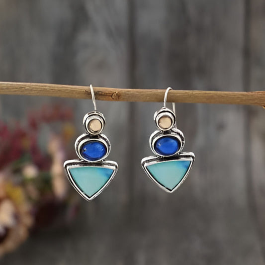 Silver Triangle Blue Stone Earrings
