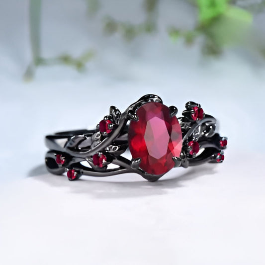 Vintage Black Round Red Stone Ring