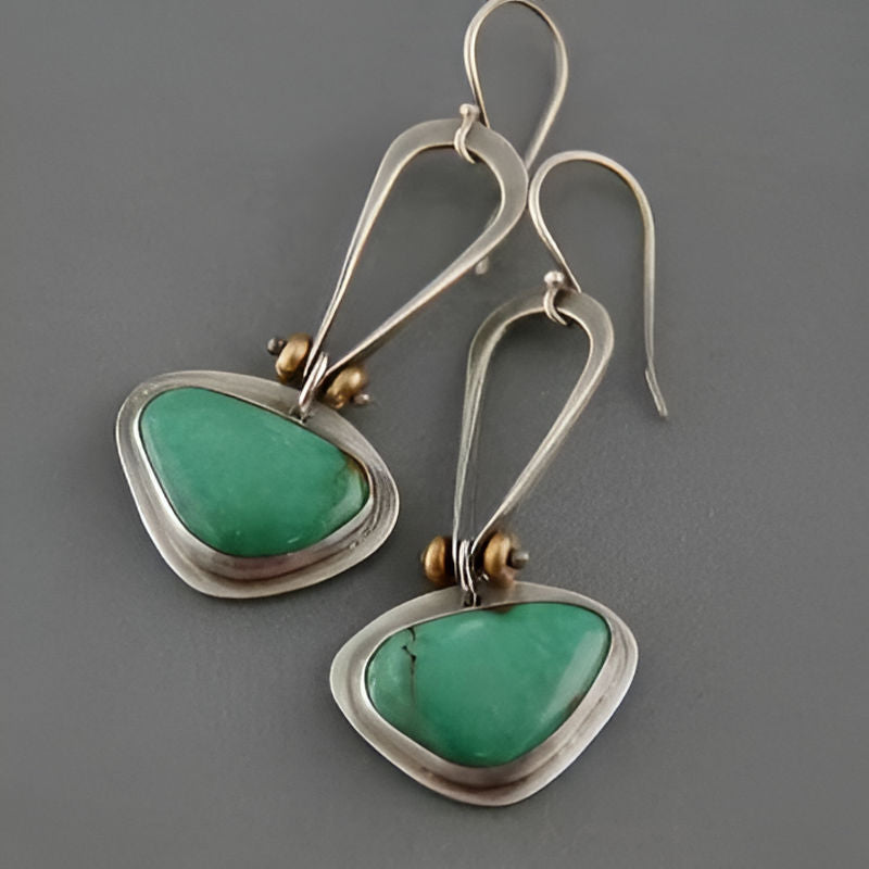 Vintage Triangle Inlaid Green Stone Earrings