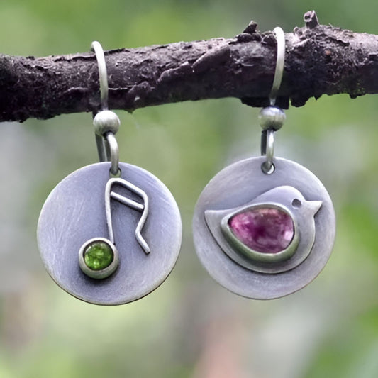 Vintage Silver Round Bird Earrings