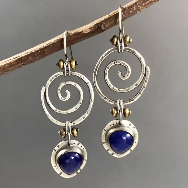 Vintage Hollow Spiral Blue Stone Earrings