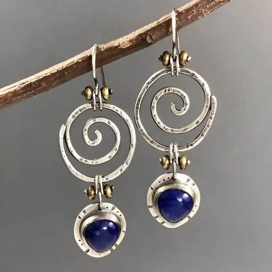 Vintage Hollow Spiral Blue Stone Earrings