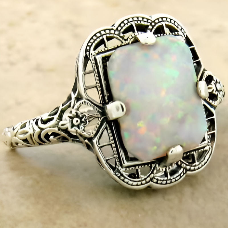 Silver Inlaid White Stone Ring