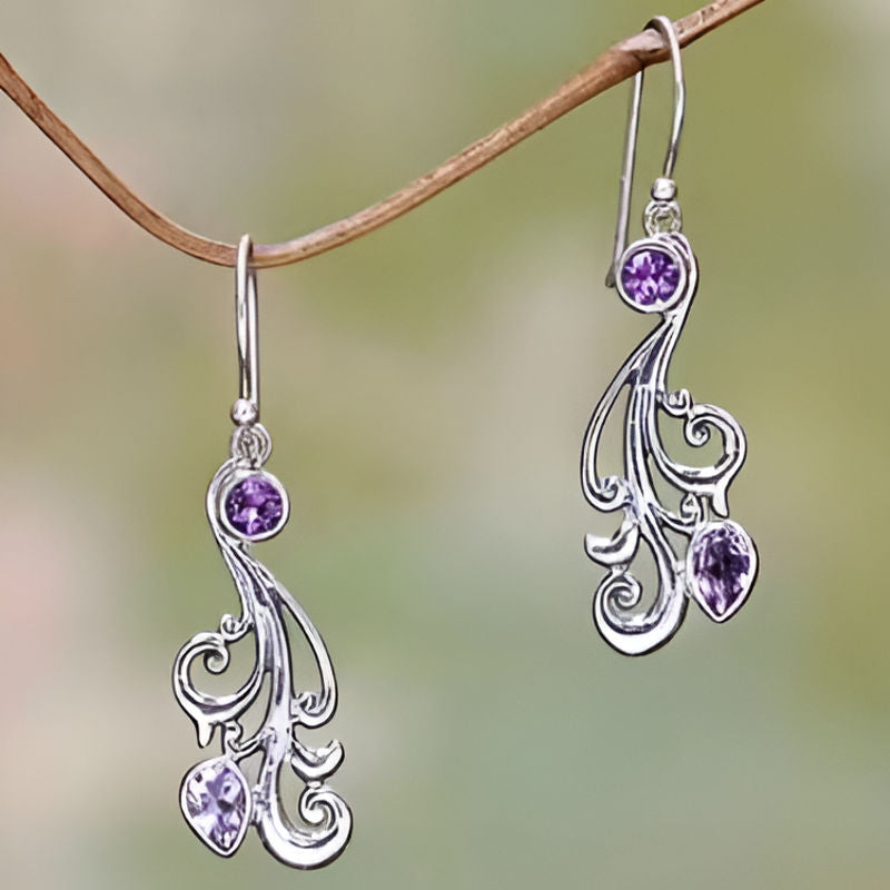 Silver Flower Purple Stone Earrings