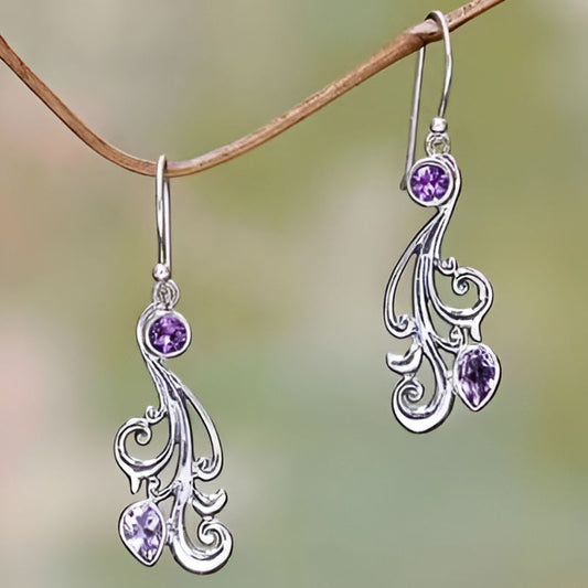 Silver Flower Purple Stone Earrings
