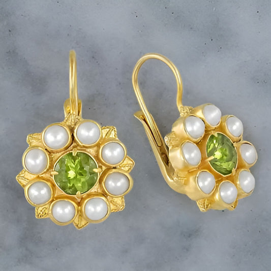Gold Pearl Green Stone Earrings