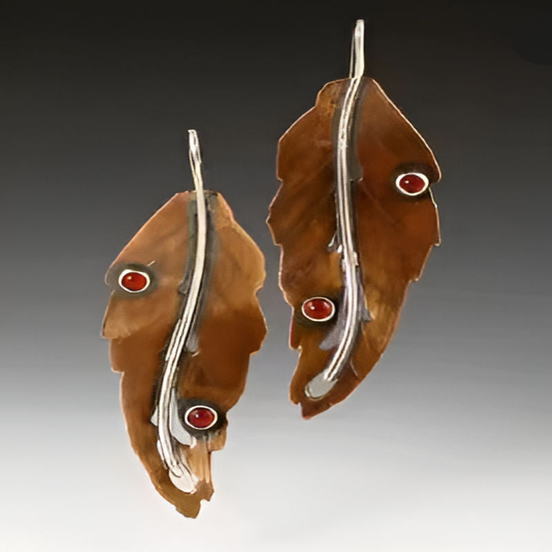Vintage Silver Leaves Red Stone Earrings